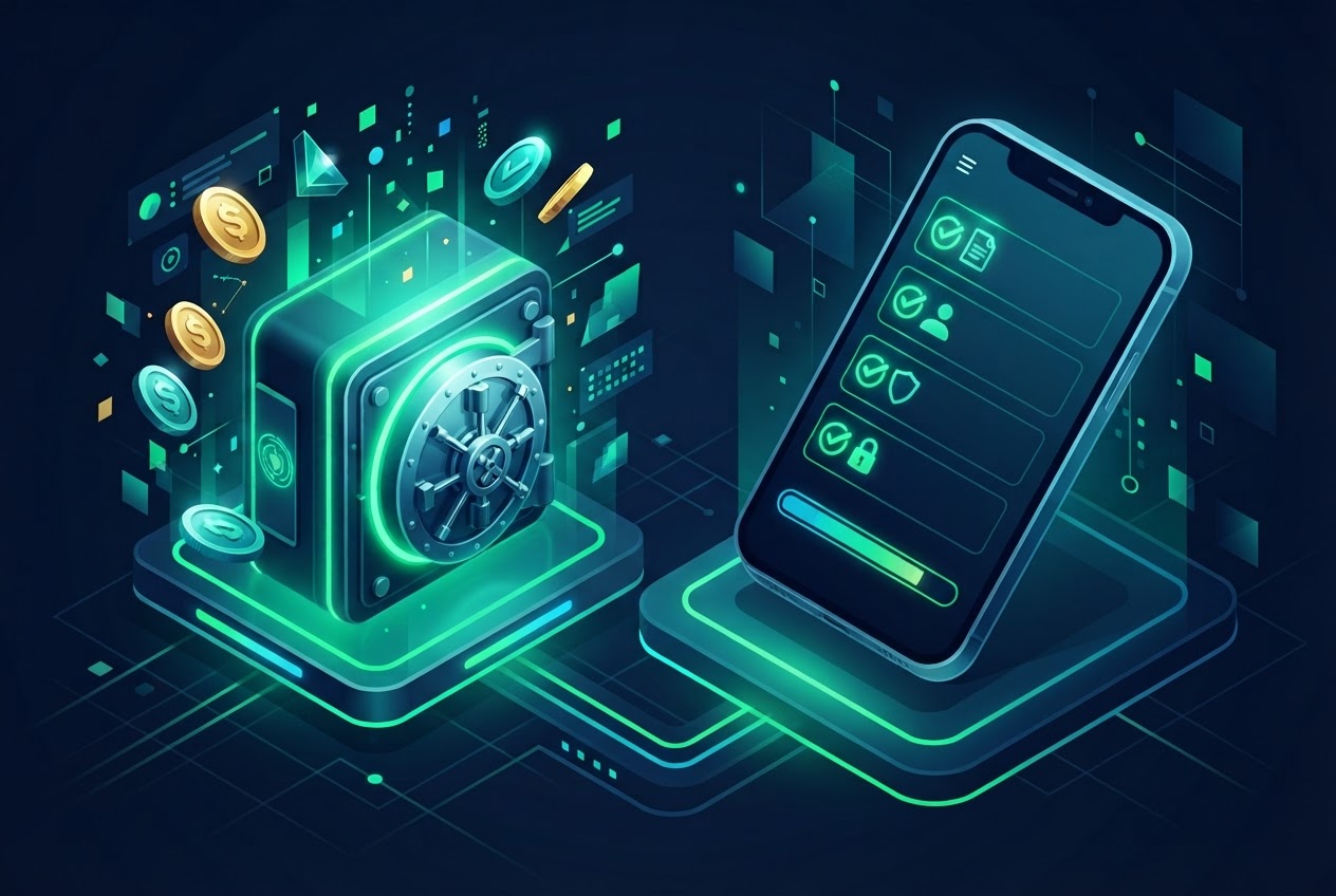 Escrow vault with verification checklist illustration